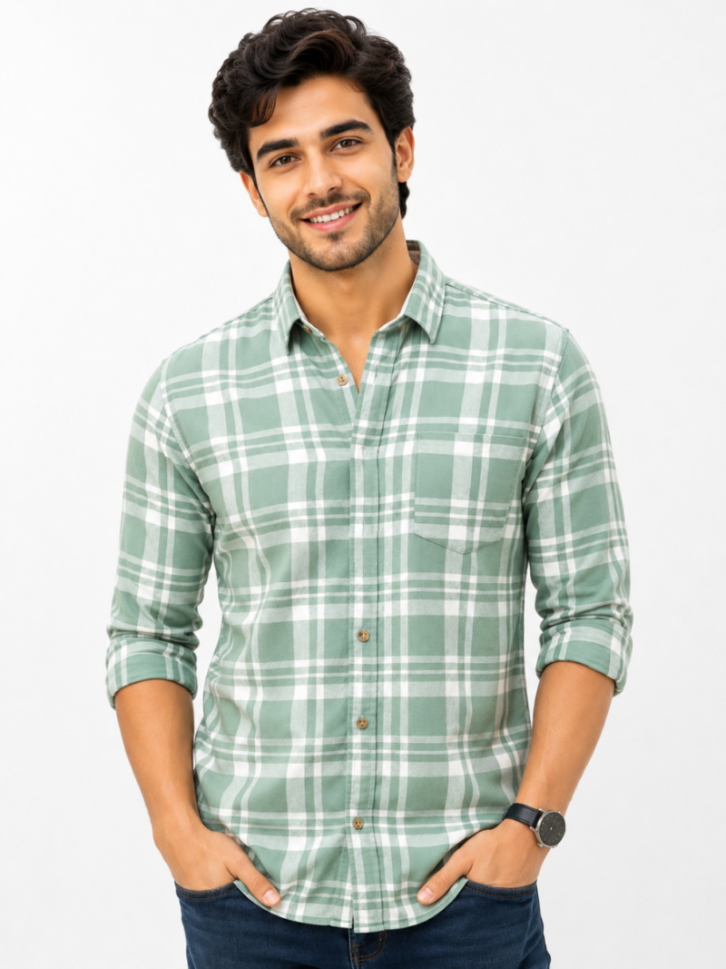 1 Best Cotton Formal Green Check Shirt For Men