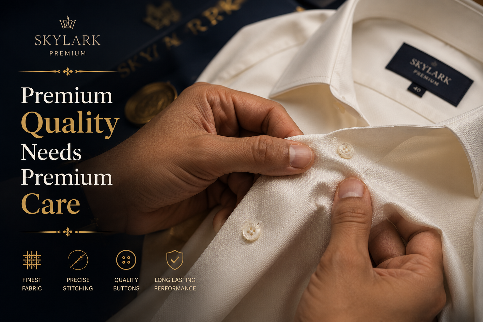 A stylish modern couple organizing premium shirts inside a luxury wardrobe. The man wearing a sage green shirt with cream chinos and the woman in an elegant ivory outfit represent smart clothing care, long-lasting fashion quality, and a premium lifestyle.