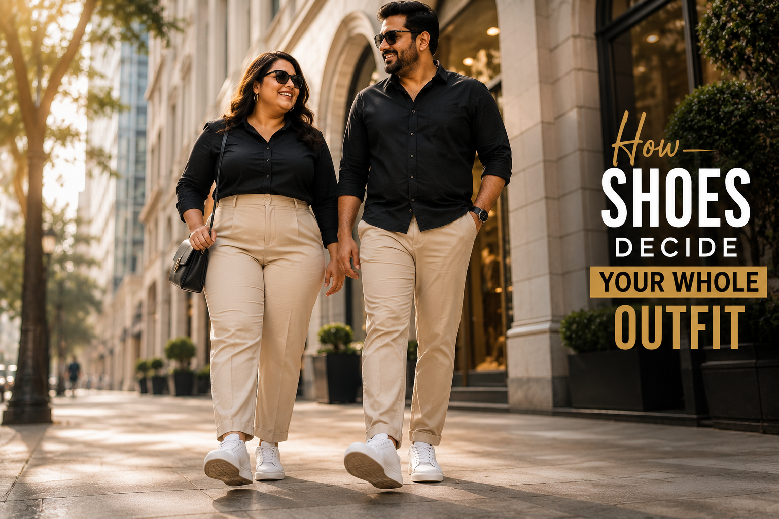Luxury couple walking in white sneakers on city street