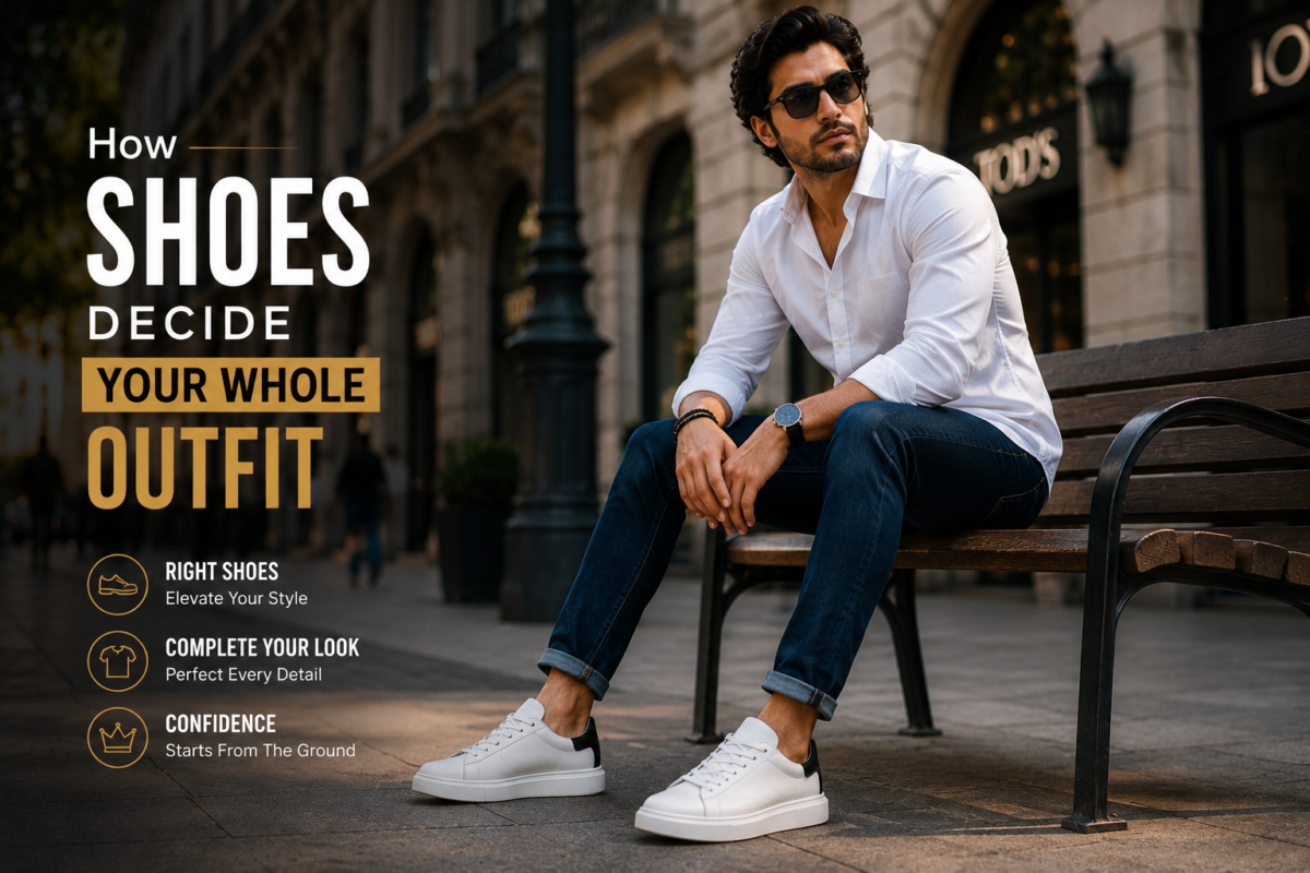 Premium white sneakers with dark blue jeans outfit