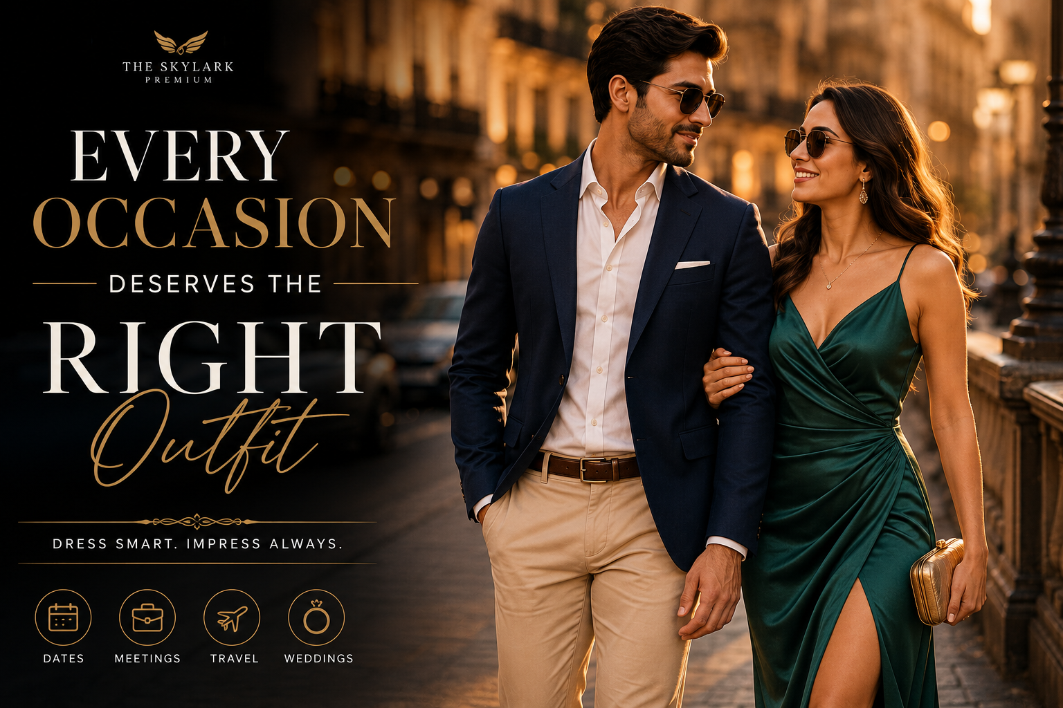 Stylish modern couple showcasing premium men's fashion for every occasion in luxury evening wear
