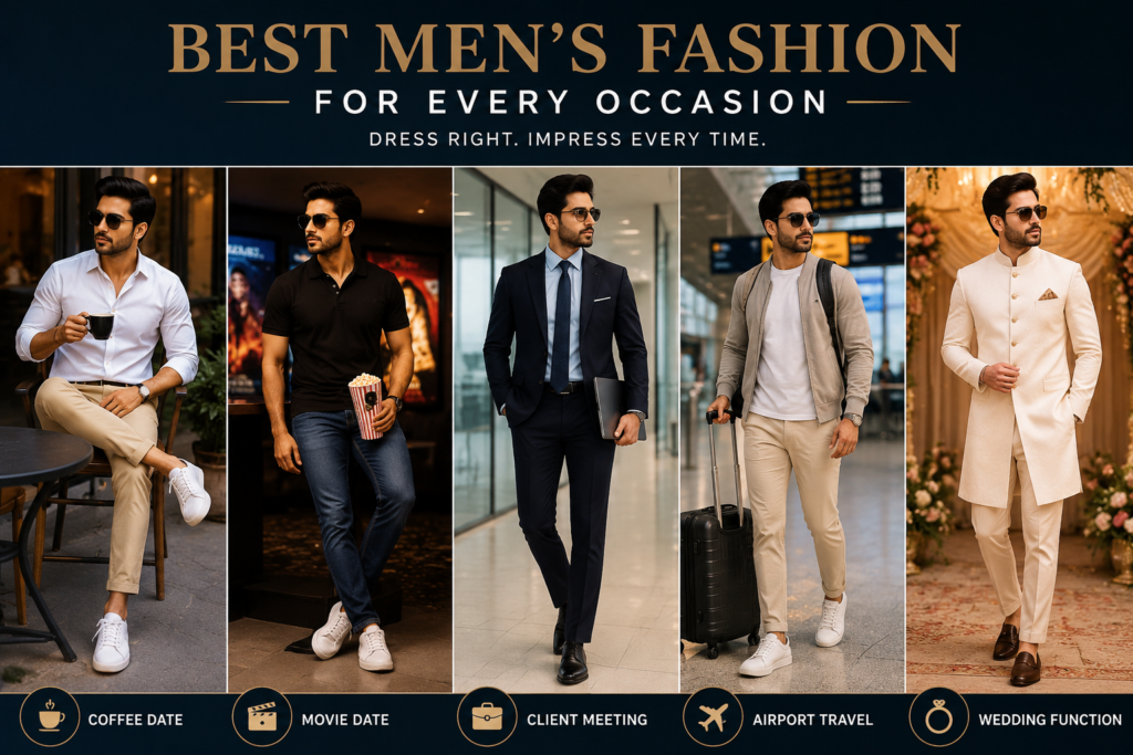 Best men's fashion for every occasion featuring stylish outfits for coffee dates, business meetings, airport travel and wedding functions